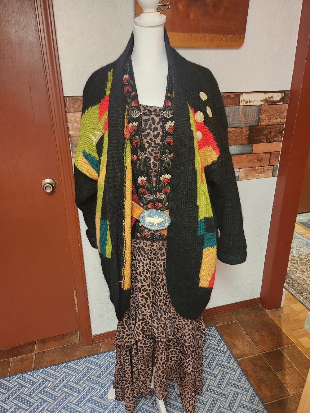 Vintage Femi Abstract Colorblock Wool Blend Chunky Knit Cardigan